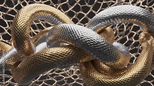 Closeup of a tangled mass of snakes in a net.