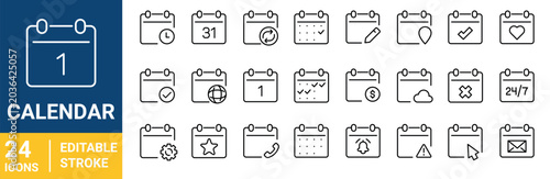 Set of 24 outline icons related to Calendar. Linear icon collection. Editable stroke. Vector illustration