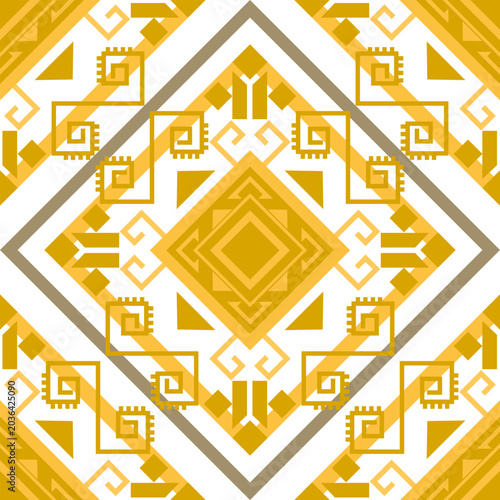 Abstract ethnic geometric seamless pattern in yellow and gold tints. Traditional tribal aztec ornament for fashion print, fabric, and wallpaper.