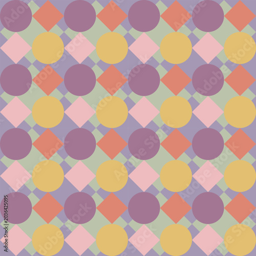 Geometric seamless pattern featuring colorful circles and diamond shapes. Modern argyle or harlequin background for trendy textile and backdrop.