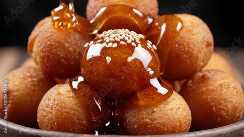 Delicious Golden Fried Dough Balls Drizzled with Sweet Honey Syrup.