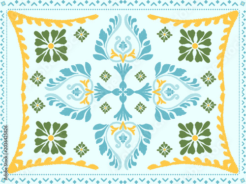 Elegant ikat damask seamless pattern in blue, yellow, and green. Traditional mediterranean tile background for textile, wallpaper, and home decor.