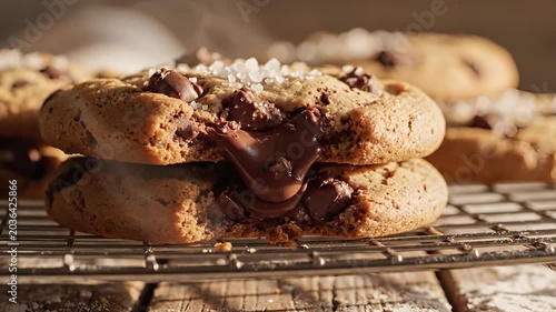 Delicious Chocolate Chip Cookies With Molten Chocolate Filling On A Cooling Rack.