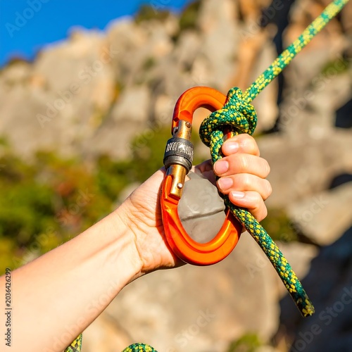 Hand holding climbing carabiner and rope knot