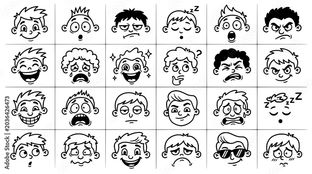 Obraz premium Boy Face Cartoon Emotions Icons Set with Sleepy, Surprised, Angry and Happy Expressions in Doodle Style