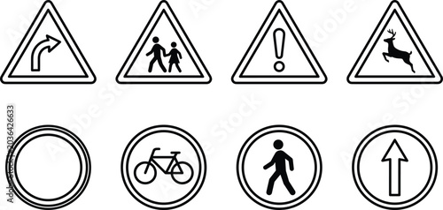 Bild auf Leinwand Set of black and white road traffic warning and mandatory signs icons vector illustration isolated on white background