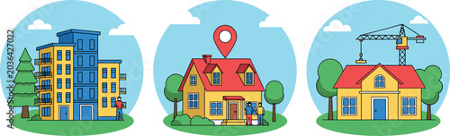 Modern residential property vector illustration featuring apartment building family house and home construction development concepts