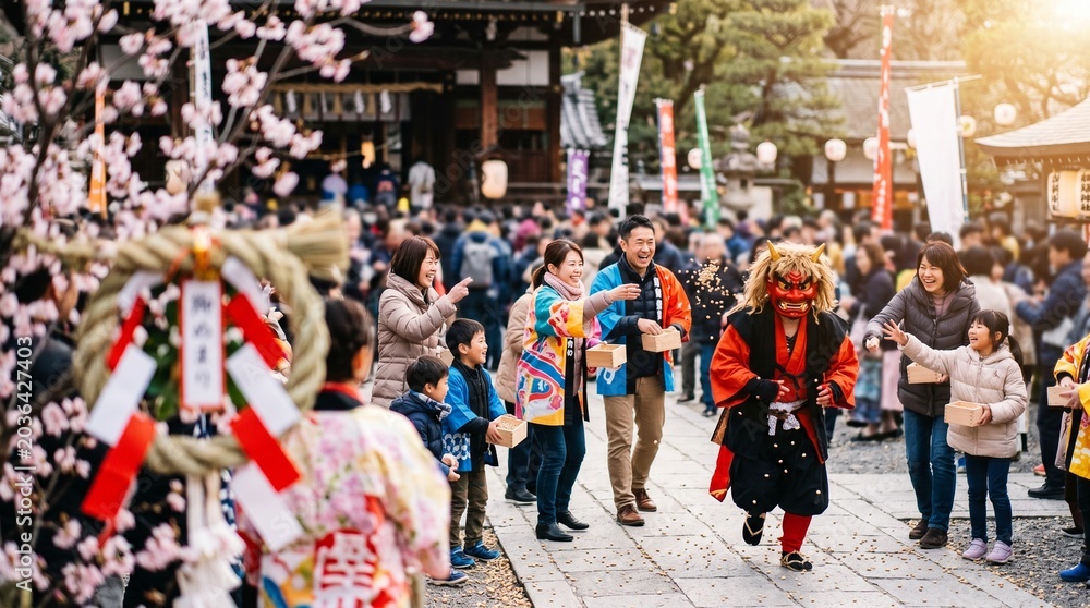 Naklejka premium People celebrating Setsubun festival by throwing beans at a demon at a Japanese shrine