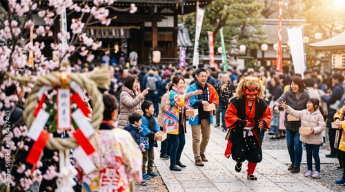 People celebrating Setsubun festival by throwing beans at a demon at a Japanese shrine