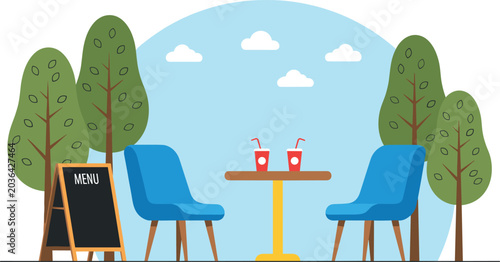 Modern outdoor cafe vector illustration featuring cozy seating menu board trees and relaxing coffee shop atmosphere scene
