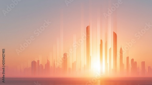 Surreal Cinematic Wide Shot of a Dreamlike City Skyline at Sunset with Ethereal Light and Soft Hues