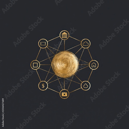 Golden Leaf Threads Connecting Marketplace Network Icons Representing Diverse Digital Services and Business Connections