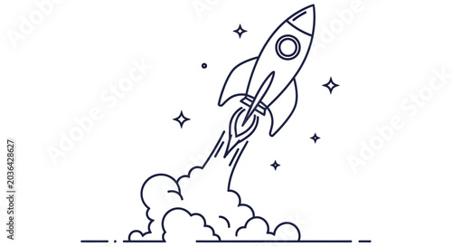Fotografía A simple line drawing depicts a rocket launching into the starry sky