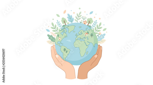Konstfotografi Hands Holding Earth with Greenery and Trees Illustration.