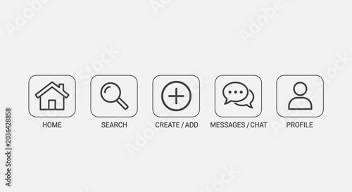 A row of five minimalist line art app icons for user interface navigation, including home, search, create, messages, and profile functions.