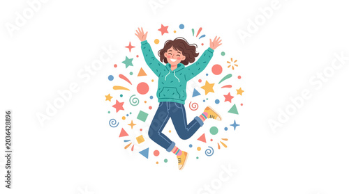 Joyful Child Jumping with Colorful Confetti and Stars.