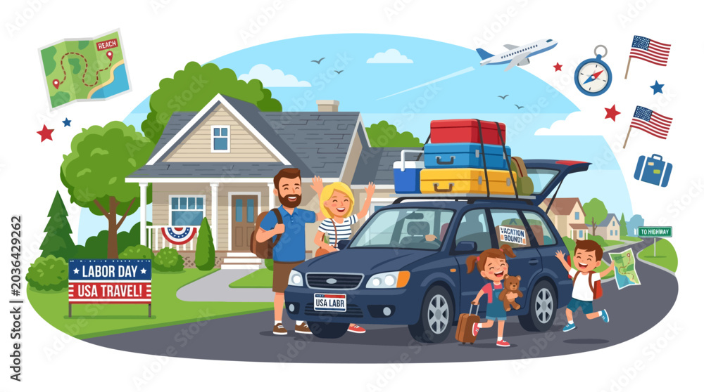 Obraz premium American Family Leaving Suburban Home for Labor Day Summer Vacation Road Trip Vector