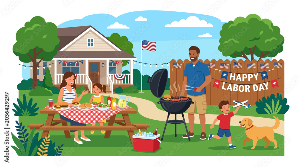 Fototapeta premium USA Labor Day Backyard BBQ with Family Gathering and Summer Sunset Vector Scene