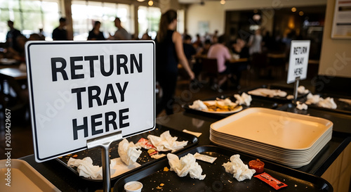 Return tray here sign at a messy cafeteria food court cleanup station
