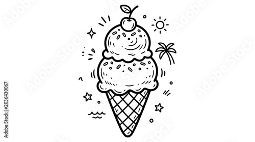 Doodle style ice cream cone with cherry topping illustration.