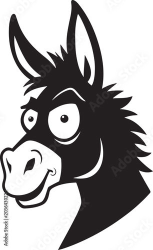 Funny cartoon donkey head profile vector illustration, silly smiling burro mascot face black and white graphic icon