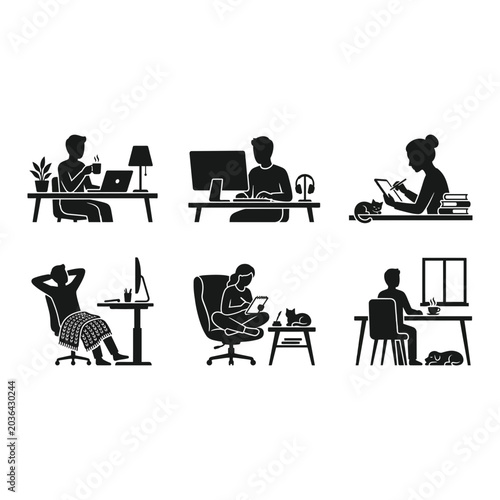 People working icon set, silhouette style, white background