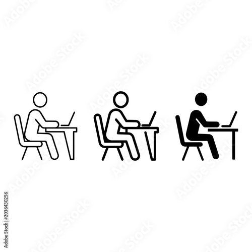 People working on laptop icon set, outline, solid, silhouette, white background, vector Illustration