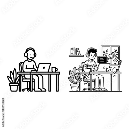 Remote worker icon set, line style, white background