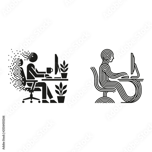 Remote worker icon set, line and solid style, white background