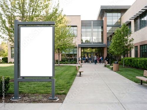 Vertical blank billboard mockup on school campus walkway in front of modern brick building