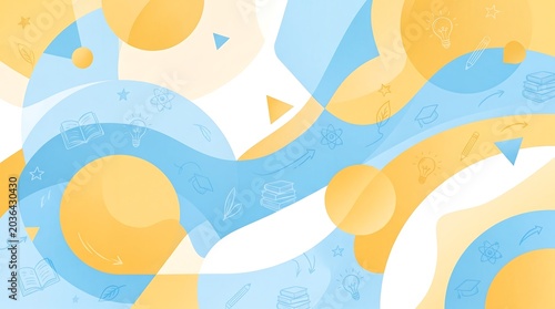 A clean and inspiring abstract background for educational content, soft geometric shapes in warm golden yellow, sky blue, and clean white