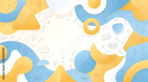 A clean and inspiring abstract background for educational content, soft geometric shapes in warm golden yellow, sky blue, and clean white