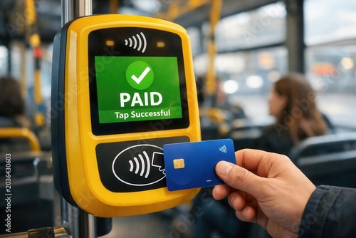 Contactless payment with credit card on public transport terminal showing paid fare confirmation