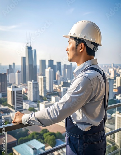 Construction worker looking at cityscape