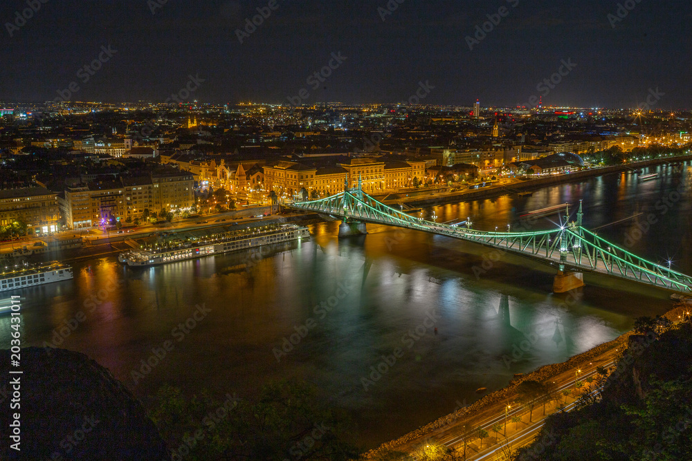 Fototapeta premium Liberty Bridge and theUniversity of Economics campus at night in Budapest