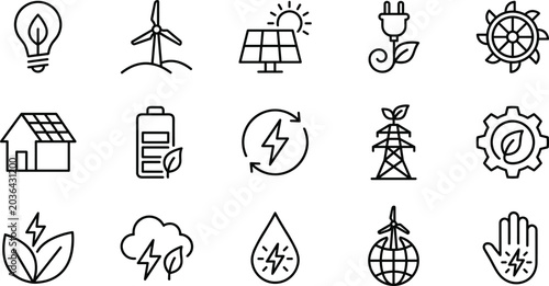Tableau sur toile Renewable energy and eco technology line icon set featuring solar power, wind en