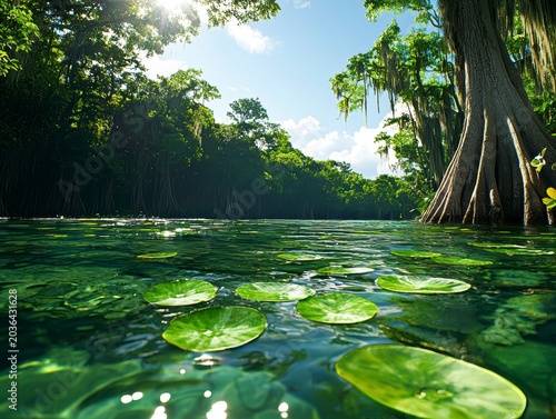 Mystical Cypress Swamp Landscape with Sunlit Water and Lily Pads
