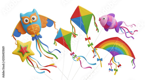 Colorful kites flying in blue sky, children's outdoor toys and recreational equipment isolated on white background