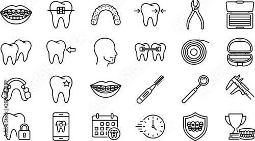 Quadro su tela Dental care and orthodontic line icon set featuring teeth treatment, braces, ora