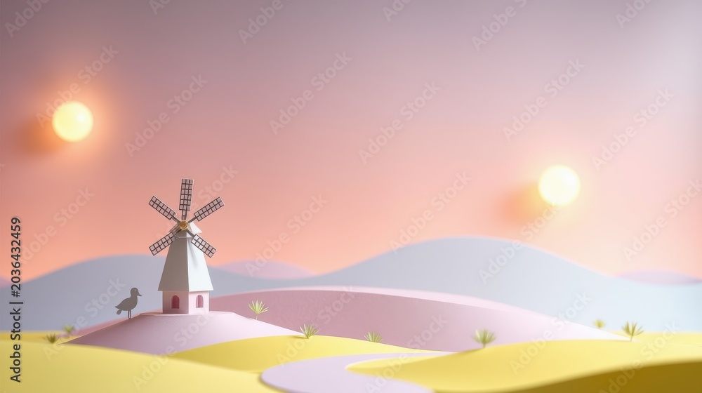 Obraz premium Pastoral scene. Windmill stands on gentle hills. Two suns illuminate soft landscape. Minimalist style, warm colors dominate composition.