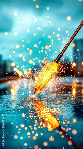 Dynamic Golden Spear Impacting Water with Luminous Splashes and Bokeh Background