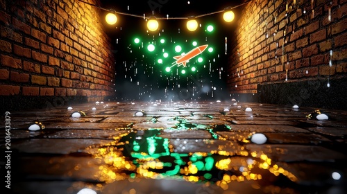 Glowing Neon Rocket Launch in Futuristic Urban Alley with Wet Reflections