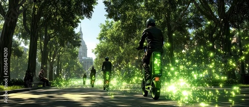Futuristic Eco-Friendly Electric Scooters with Green Energy Glow in Urban Park