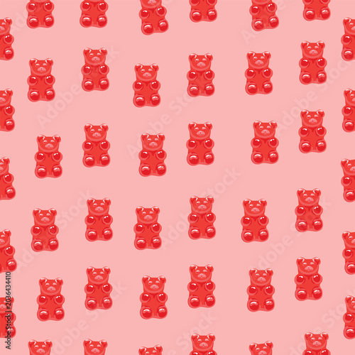 Red gummy bear seamless pattern on pastel pink background