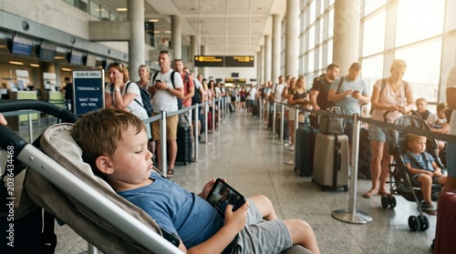 Boy in stroller watches phone while waiting in airport security line
