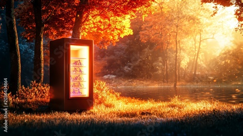 Futuristic Bicycle Display in Ethereal Autumn Forest Landscape