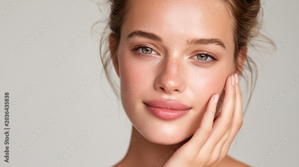Obraz premium Beautiful woman touching her face, clean glowing skin, natural texture, soft lighting, beauty commercial style