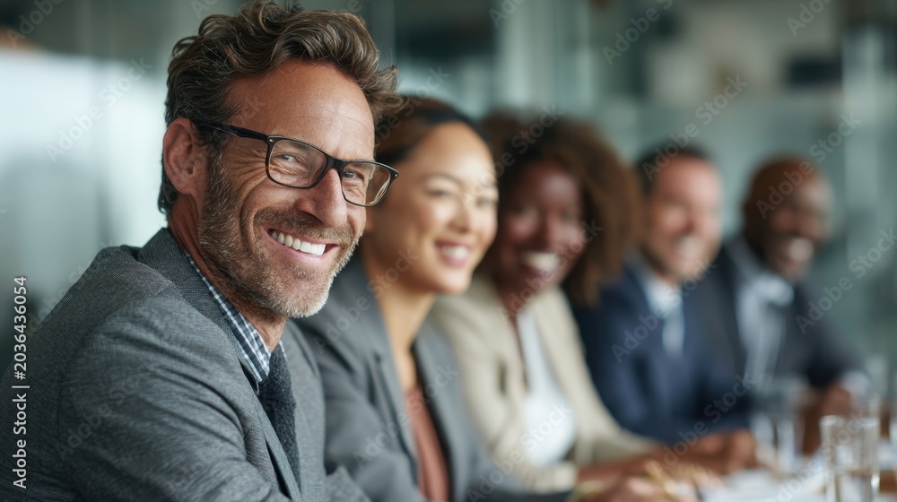 Obraz premium Confident multicultural business team smiling during corporate meeting in modern office, showcasing leadership, teamwork, collaboration and professional success.generative ai