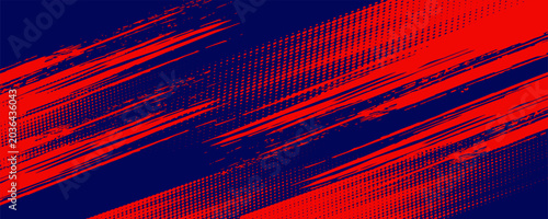 Red halftone dots blue color pattern gradient grunge texture background. Dot pop art comic sport style vector football, basketball, baseball, tennis, rugby, bicycling background grunge