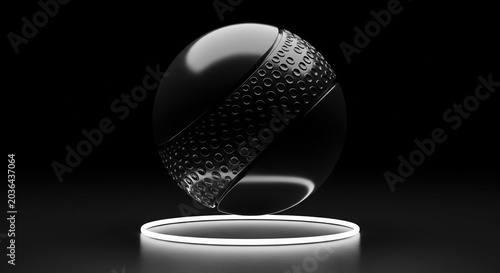 Abstract black sphere with textured band floating above a glowing ring